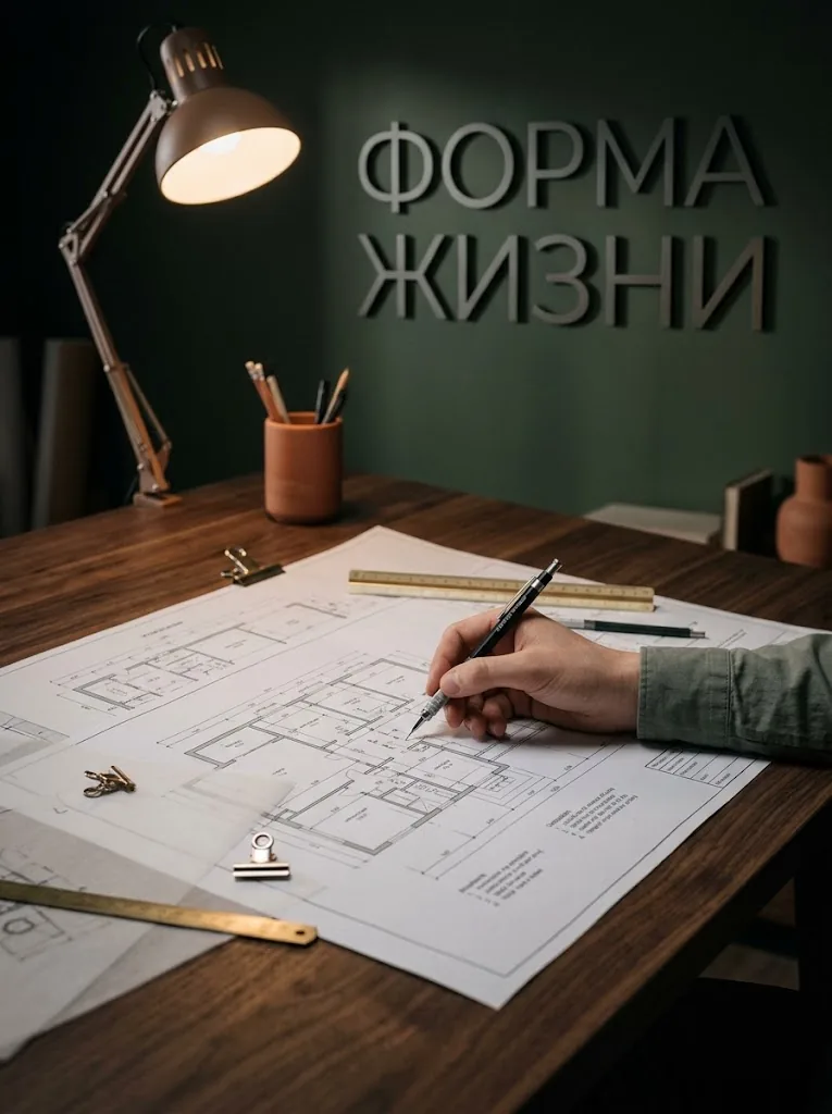 Рука дизайнера над чертежами проекта, на стене надпись «Форма Жизни»
